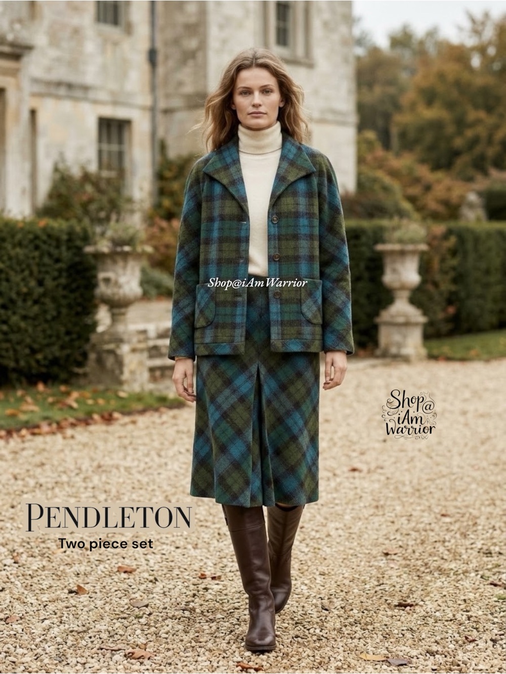 Pendleton Heritage Olive Turquoise Plaid Wool Jacket & Midi Skirt Two Piece Set